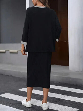 Kadın Uzun Kollu Yakası Açık şardonlu Kaşkorse Bluz Ve Eteği Bağcıklı Ikili Takım