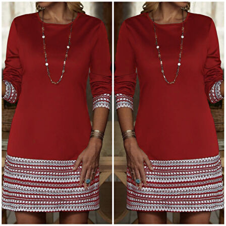 Kadın Uzun Kollu Bisiklet Yaka Kol Ağzı Ve Etek Ucu Baskılı Iki Iplik Elbise