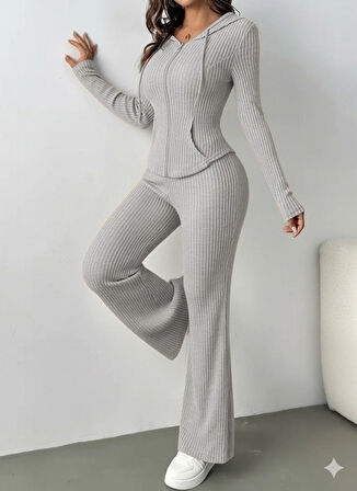 Kadın Uzun Kollu Kapşonlu önden Fermuarlı Kaşkorse Bluz Ve Pantolon Ikili Takım