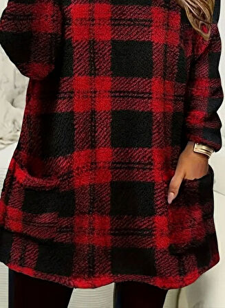 Kadın Uzun Kollu Yarı Balıkçı Yakalı Cep Detaylı Ekoseli Dokuma Tunik