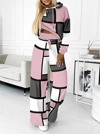 Kadın Uzun Kollu Kapşonlu Bağcıklı Desenli Iki Iplik Bluz Ve Pantolon Ikili Takım