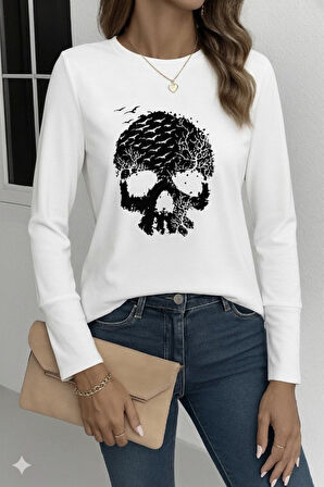 Kadın Uzun Kollu Bisiklet Yaka Kurukafa Desenli Viskon Bluz