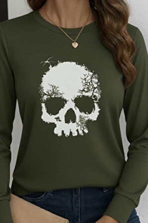 Kadın Uzun Kollu Bisiklet Yaka Kurukafa Desenli Viskon Bluz