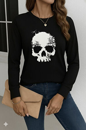 Kadın Uzun Kollu Bisiklet Yaka Kurukafa Desenli Viskon Bluz