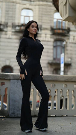 Kadın Uzun Kollu Balıkçı Yaka Fermuar Detay Ispanyol Paça Tulum