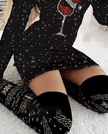 Kadın Uzun Kollu Taş Kadeh Baskı Dalgıç Mini Boy Elbise