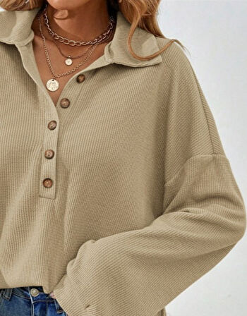 Kadın Uzun Kollu Yakalı Düğmeli Salaş Waffle Bluz