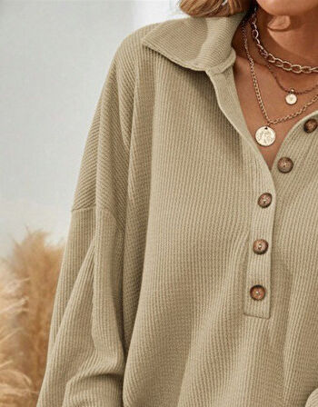 Kadın Uzun Kollu Yakalı Düğmeli Salaş Waffle Bluz