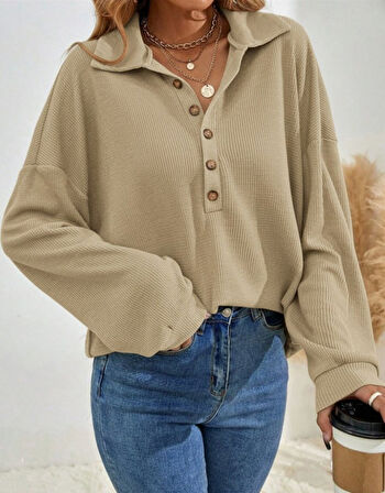 Kadın Uzun Kollu Yakalı Düğmeli Salaş Waffle Bluz