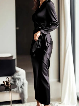 Kadın Uzun Kollu Kruvaze Yakalı Beli Kuşaklı Uzun Saten Elbise