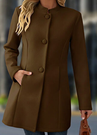 Kadın Uzun Kollu Hakim Yakalı önden Düğmeli Cep Detaylı Kısa Taba Kaşe Kaban