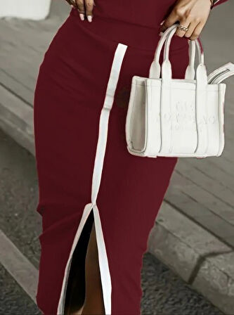 Kadın Uzun Kollu Bisiklet Yaka Kaşkorse Bluz Ve Yırtmaçlı Etek Ikili Takım