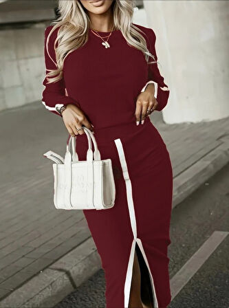 Kadın Uzun Kollu Bisiklet Yaka Kaşkorse Bluz Ve Yırtmaçlı Etek Ikili Takım