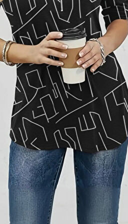 Kadın Uzun Kollu Hakim Yaka Yakadan Fermuarlı Geometrik Desenli Süprem Bluz