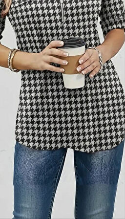 Kadın Uzun Kollu Hakim Yaka Yakadan Fermuarlı Geometrik Desenli Süprem Bluz