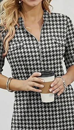 Kadın Uzun Kollu Hakim Yaka Yakadan Fermuarlı Geometrik Desenli Süprem Bluz