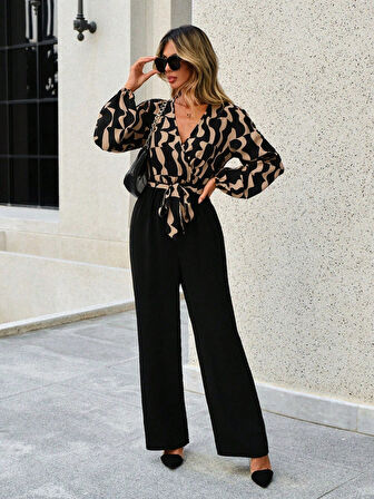 Kadın Uzun Kollu Kruvaze Yakalı Belden Kuşaklı üst Dalgıç Alt Ithal Krep Tulum