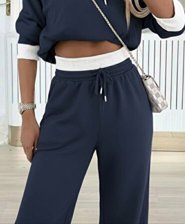 Kadın Uzun Kollu Kapşonlu Viskon Iki Iplik Füme Bluz Ve Pantolon Ikili Takım