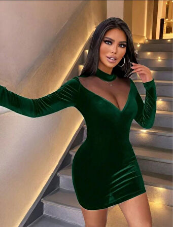 Kadın Uzun Kollu Balıkçı Yaka Tül Detaylı Mini Kadife Elbise