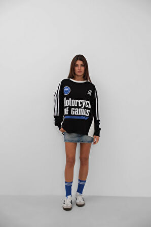 Şerit Detay Baskılı Oversize Sweatshirt