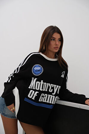 Şerit Detay Baskılı Oversize Sweatshirt