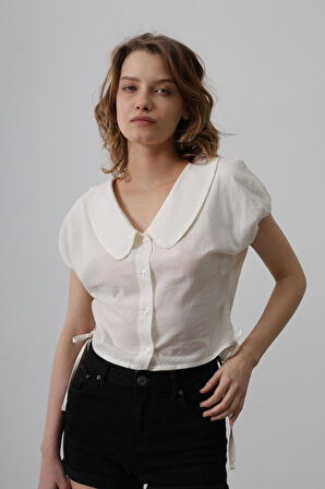 Bebe Yaka Yanları Bağlamalı Bluz - Beyaz