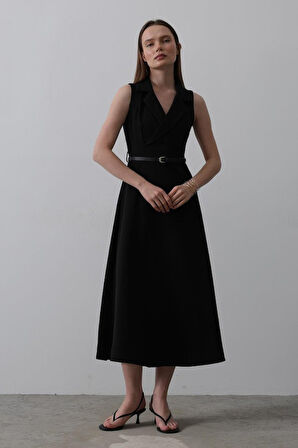 Sıfır Kollu Kemer Detaylı Elbise - Siyah