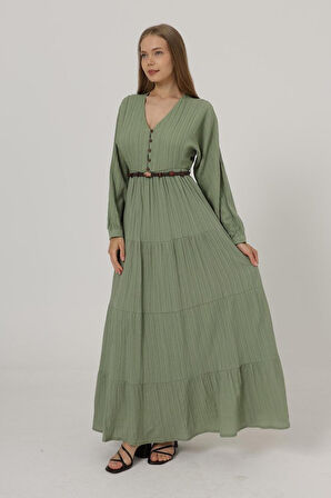 Önü Yarım Düğmeli Uzun Kol Kemerli Elbise - Haki