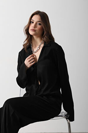 Önden Biyeli Bluz Ve Pantolon Takım - Siyah