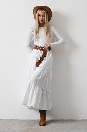 Pamuklu Beli Lastikli Etek - Beyaz