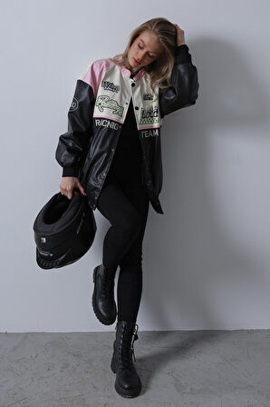 Motorcu Biker Ceket - Siyah-Pembe-Ekru