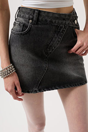 Asimetrik Kemer Denim Mini Etek