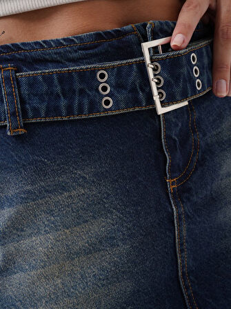 Kemer Detay Denim Mini Etek