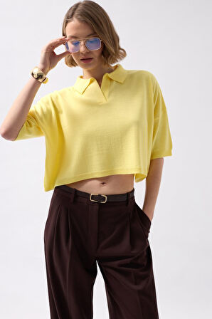 Polo Yaka Crop Dokulu Bluz