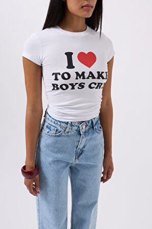 Nakış Detay Baskılı Crop T-Shirt