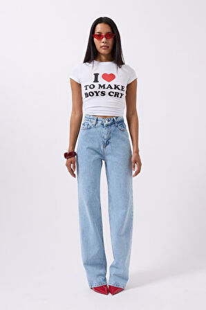 Nakış Detay Baskılı Crop T-Shirt