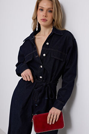 Düğme Detaylı Denim Tulum