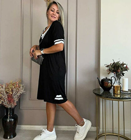 Kadın V Yaka Ribana Detaylı Cepli Dizüstü Viskon Elbise
