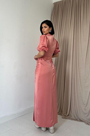 Pudra Büzgülü Saten Elbise