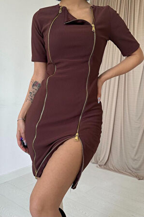 Kahverengi Fermuarlı Ottoman Elbise