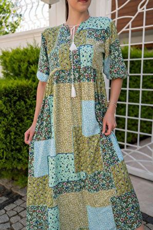 Yeşil Salaş Desenli Elbise