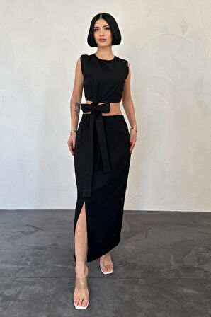 Siyah Kuşaklı Crop Ve Etek Takım