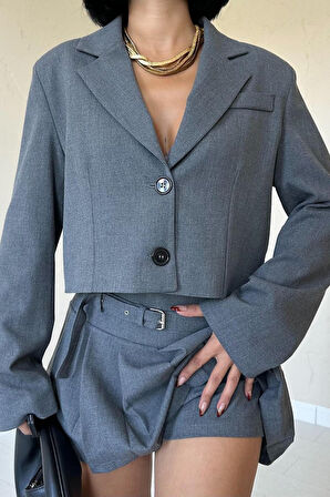 Gri Bomber Ceket Ve Pileli Etek Takım