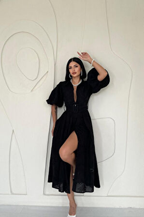 Siyah Pileli Balkon Elbise