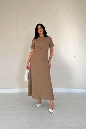 Kahverengi Pileli Bisiklet Yaka Elbise
