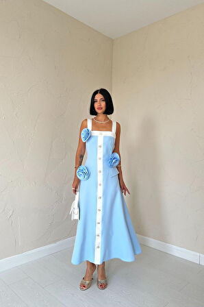 Mavi Güllü Askılı Elbise