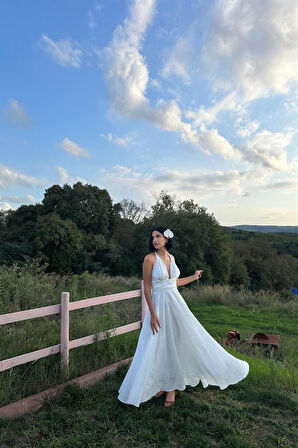 Ekru Askılı Keten Elbise