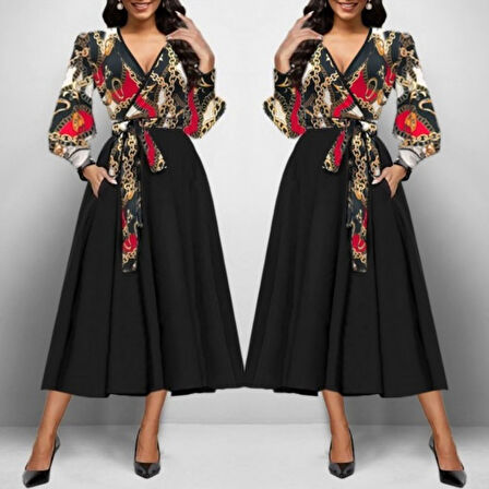 Kadın Uzun Kollu Kruvaze Yaka Dalgıç Krep Midi Boy Elbise