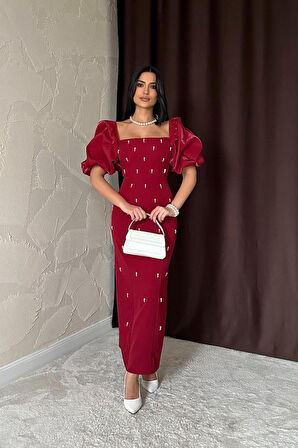 Bordo İşlemeli Kolu Garnili Elbise