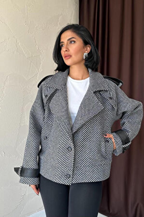 Gri Çizgili Deri Garnili Ceket